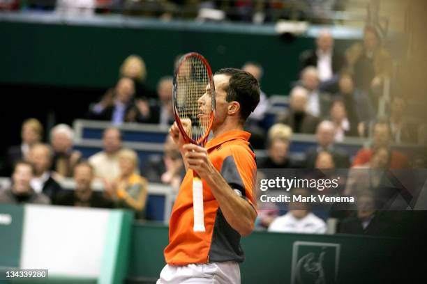 Radek Stepanek cheers when scoring against Davydenko during the semi-finals of the ABN AMRO World Tennis Tournament at the Ahoy' in Rotterdam, the...