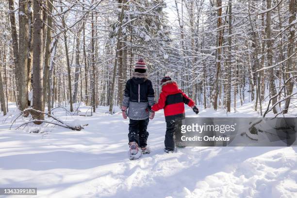 brother and sister having fun snowshoeing outdoors in winter - snowshoe stock pictures, royalty-free photos & images