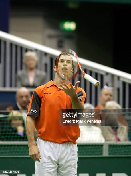 Radek Stepanek is juggling with his racket during the semi-finals of the ABN AMRO World Tennis Tournament at the Ahoy' in Rotterdam, the Netherlands....