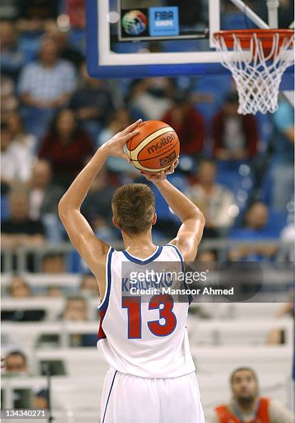 Andrei Kirilenko of Russia and NBA outfit Utah Jazz prepares to line up a free throw during their quarter final clash at the European Basketball...