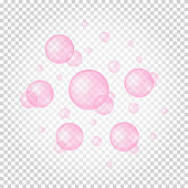 Floating pink bubbles on transparent background. Soap foam, bath suds, cleanser texture. Fizzy cherry or strawberry water. Bubble gum. Vector realistic illustration
