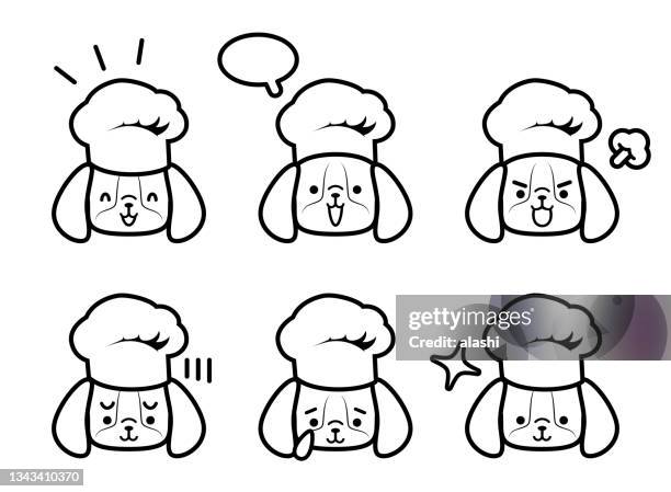 ilustraciones, imágenes clip art, dibujos animados e iconos de stock de conjunto de iconos de perritos dulces con sombrero de chef que tiene seis expresiones faciales en blanco y negro - basset hound
