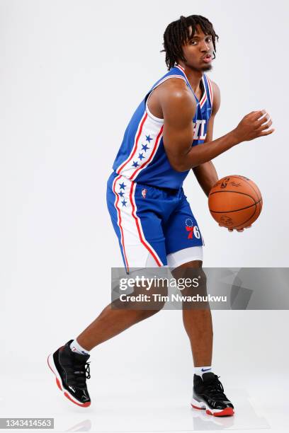 Tyrese Maxey of the Philadelphia 76ers stands for a portrait during Philadelphia 76ers Media Day held at Philadelphia 76ers Training Complex on...