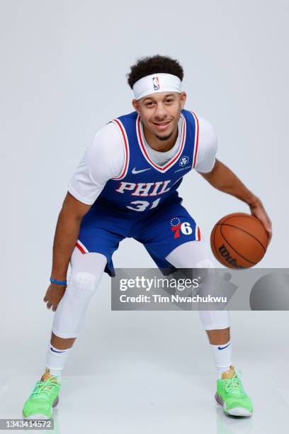 Seth Curry of the Philadelphia 76ers stands for a portrait during Philadelphia 76ers Media Day held at Philadelphia 76ers Training Complex on...