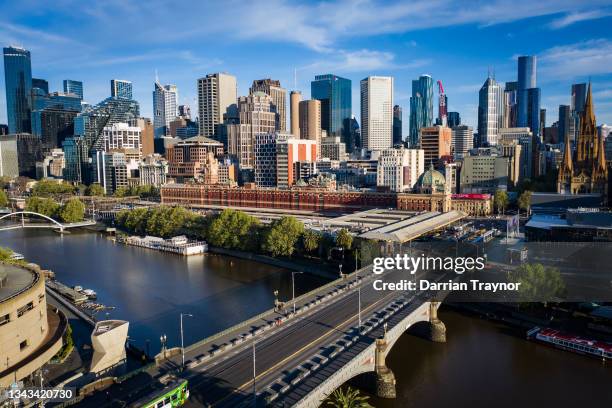 An aerial view of the normally busy Princes Bridge that crosses the Yarra River and forms a gateway into the central city from the south on September...