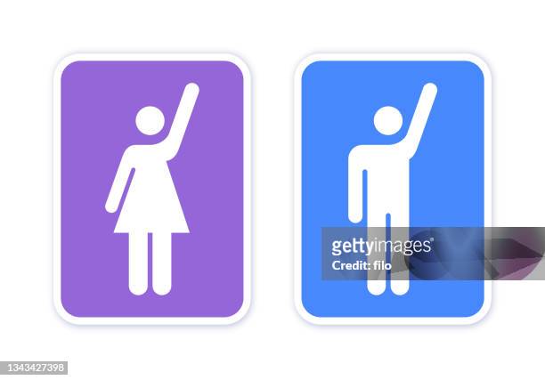woman and man hands raised volunteer sign symbols - participant icon stock illustrations
