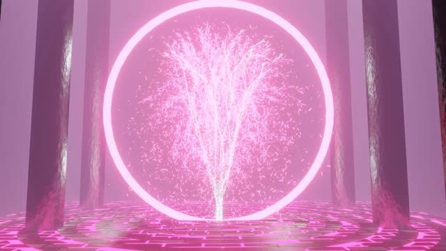 4K video animation of beautiful magical pink environment with neon ring, tree glowing moving and falling leaves. Sci-fi 3D scenery motion graphic.