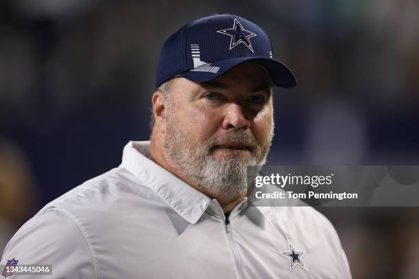 Head coach Mike McCarthy of the Dallas Cowboys looks on while playing the Philadelphia Eagles at AT&T Stadium on September 27, 2021 in Arlington,...