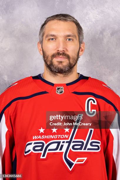 Alex Ovechkin of the Washington Capitals poses for his official headshot of the 2021-2022 season on September 22, 2021 at the MedStar Capitals...