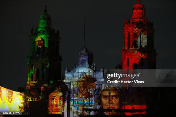 Images are projected on to the cathedral during celebrations of the 200th anniversary of Mexico's Independence at Zocalo on September 27, 2021 in...