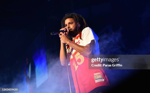 Rapper J. Cole performs onstage during his "The Off-Season" tour at State Farm Arena on September 27, 2021 in Atlanta, Georgia.