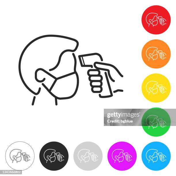 checking body temperature. flat icons on buttons in different colors - forehead temperature check stock illustrations