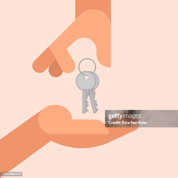 hand holding keys concept. modern flat vector illustration. - new car stock illustrations