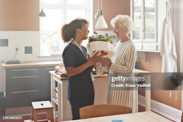 female nurse receiving bouquet from senior woman - elderly receiving paperwork stock pictures, royalty-free photos & images