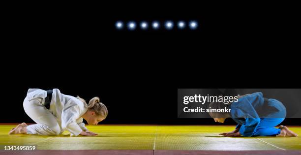 female judo players bowing on tatami mat - woman bowing stock pictures, royalty-free photos & images
