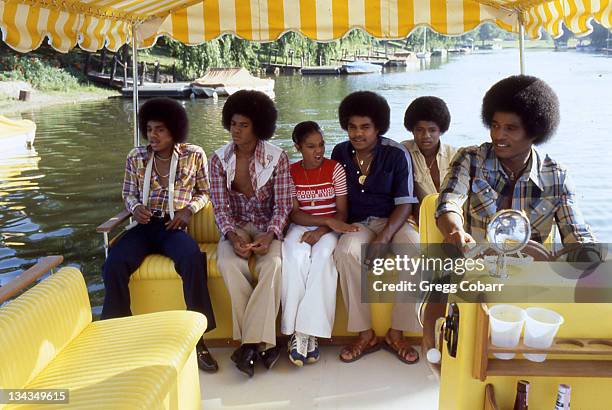 Janet Jackson with her brothers Marlon Jackson, Michael Jackson, Tito Jackson, Randy Jackson and Jackie Jackson of The Jacksons pose during a...