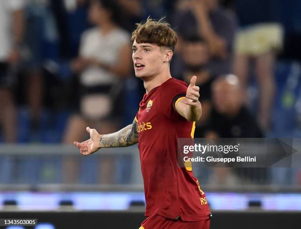 Nicola Zalewski of AS Roma reacts during the Serie A match between SS Lazio and AS Roma at Stadio Olimpico on September 26, 2021 in Rome, Italy.