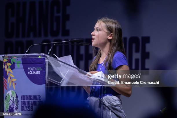 Swedish climate activist Greta Thunberg delivers a speech during the opening plenary of the Youth4Climate: Driving Ambition event on September 28,...