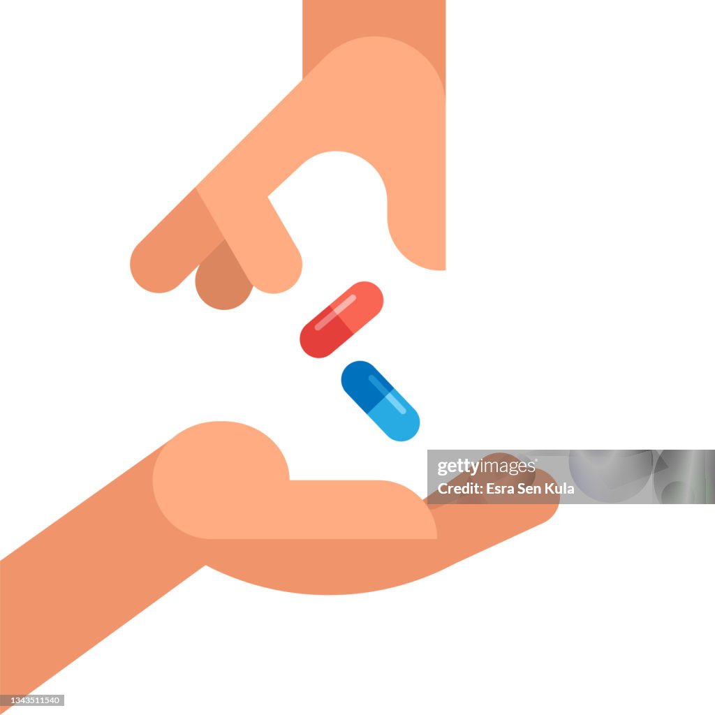 Close up of hand giving medicines to another hand concept. Modern simple flat illustration.