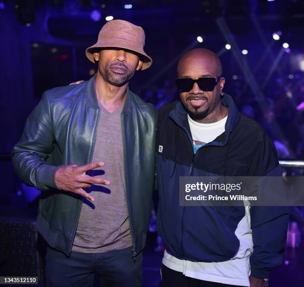 Johnta Austin and Jermaine Dupri attend Anthony Hamilton "Love Is The New Black" Listening Party at Republic Lounge on September 22, 2021 in Atlanta,...