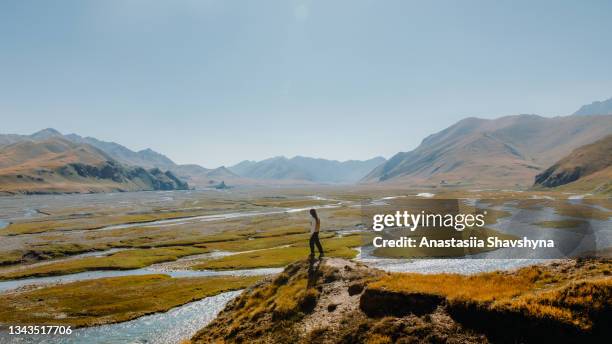 woman traveler contemplating nature looking at the scenic mountain landscape with rivers from the top in central asia - himalayas sunrise stock pictures, royalty-free photos & images