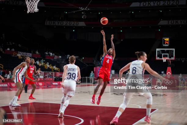 August 2: Jewell Loyd of Team United States shoots while watched by Alix Duchet of Team France during the France V USA Preliminary Round Group B...