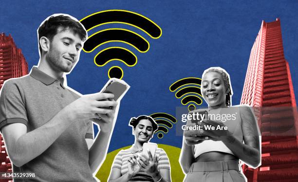 group of  people using smart phones in city - icons stock pictures, royalty-free photos & images