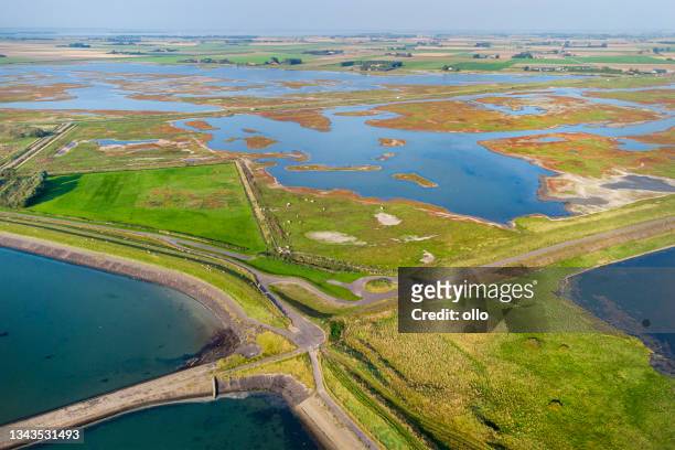 salt marsh and coastline  - aerial view - dyke stockfoto's en -beelden