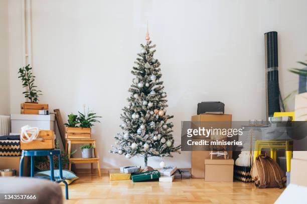 moving in for christmas in new home - homeowners decorate their houses for christmas stockfoto's en -beelden