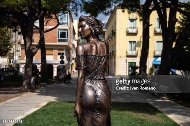The statue of Emanuele Stifano dedicated to the Spigolatrice on September 28, 2021 in Sapri, Italy. Controversy over the inauguration of a statue...
