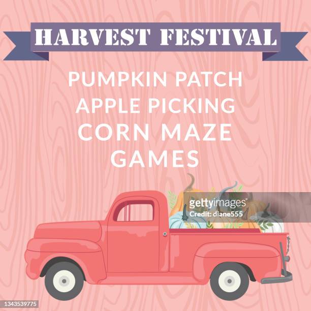antique truck with pumpkins and harvest festival sign - hayride stock illustrations
