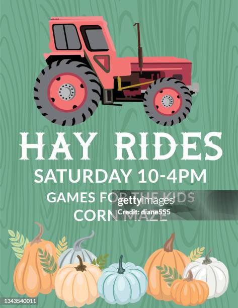 illustrazioni stock, clip art, cartoni animati e icone di tendenza di trattore antico con zucche e segno del festival del raccolto - hayride