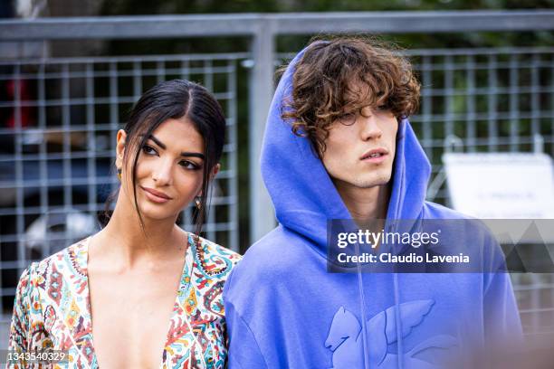 Elisa Maino and Diego Lazzari, beauty details, pose ahead of the Etro fashion show during the Milan Fashion Week - Spring / Summer 2022 on September...