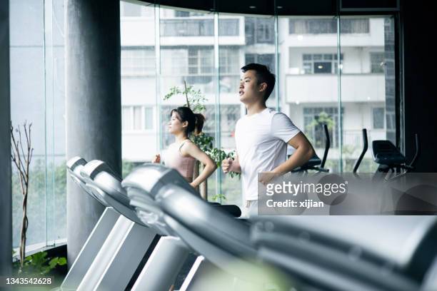 ジムでトレッドミルのカップルの作業運動 - gym ストックフォトと画像