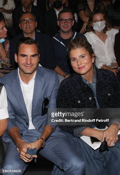 Roger Federer and his wife Miroslava Vavrinec attend the Dior Womenswear Spring/Summer 2022 show as part of Paris Fashion Week on September 28, 2021...