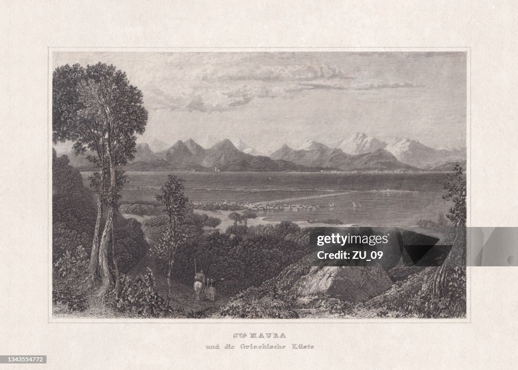 Lefkada (Italian: Santa Maura), Greece, steel engraving, published ca. 1850