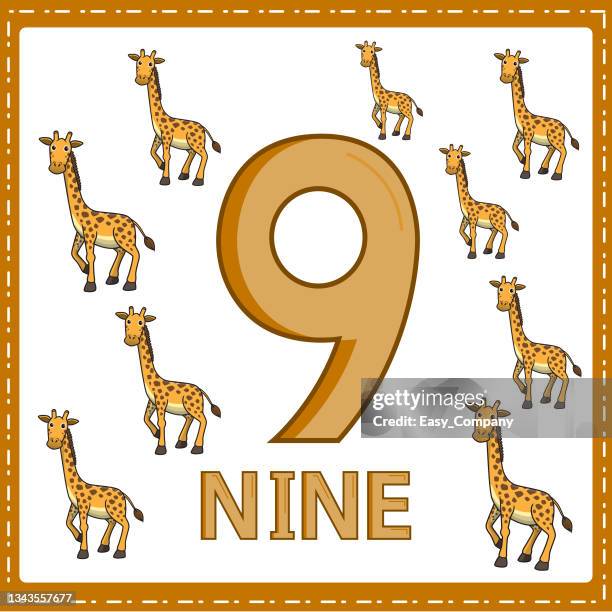 illustrazioni stock, clip art, cartoni animati e icone di tendenza di illustrazioni per l'educazione numerica per i bambini piccoli. in modo che i bambini possano imparare a contare i numeri 9 e la giraffa come mostrato nella foto nella categoria animale. - measuring height