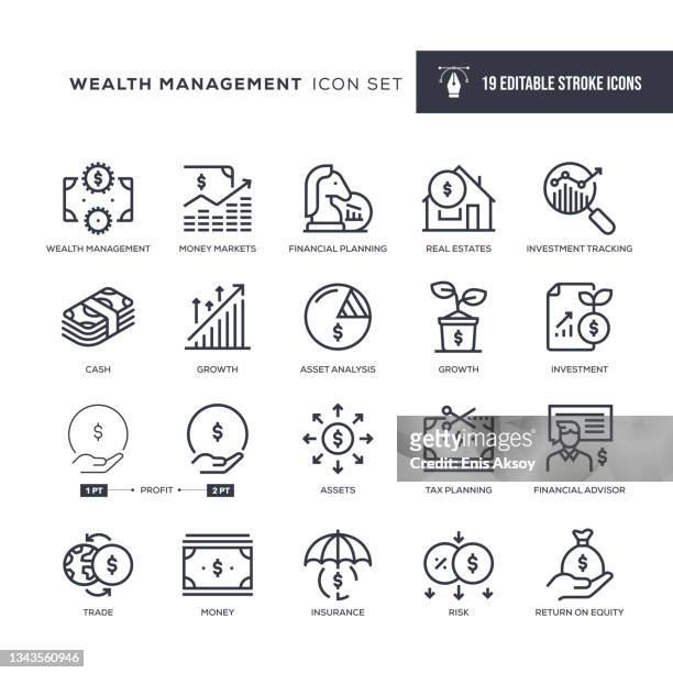 stockillustraties, clipart, cartoons en iconen met wealth management editable stroke line icons - aandelen beurs