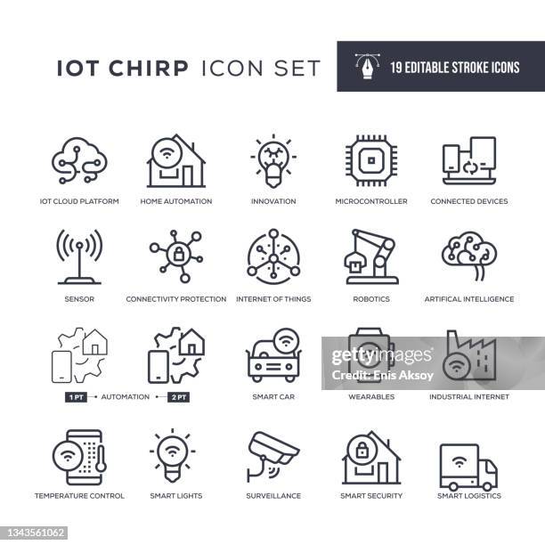 bearbeitbare konturliniensymbole für das internet der dinge - elektronik industrie stock-grafiken, -clipart, -cartoons und -symbole