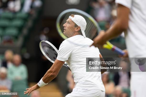 Lukasz Kubot of Poland and Marcelo Melo of Brazil in action during the Men's Doubles Quarter Final against Mate Pavic and Nikola Mektic at The...
