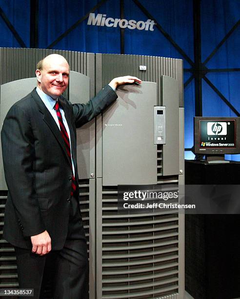 Steve Ballmer, CEO of Microsoft with an HP server that will utilize Server 2003