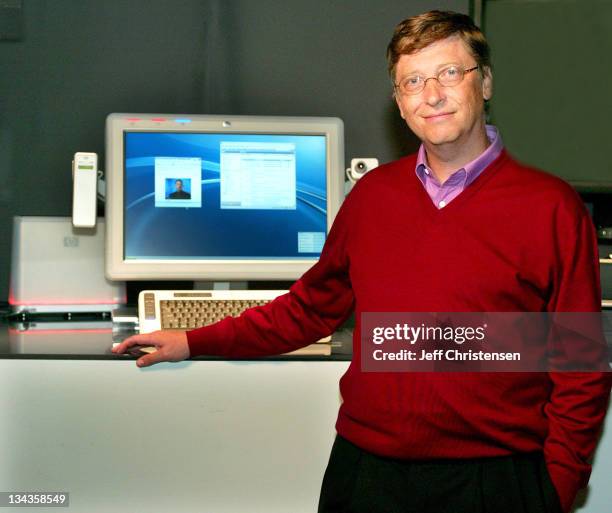 Microsoft Chairman and Chief Software Architect Bill Gates, shows a new PC prototype May 5, 2003 in New Orleans that he will unveil during his...