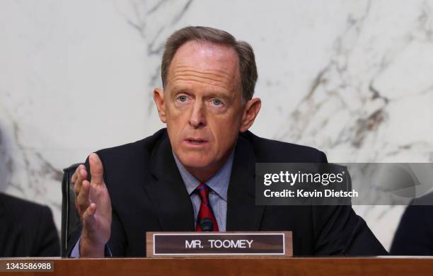 Ranking member Sen. Pat Toomey questions Treasury Secretary Janet Yellen and Federal Reserve Chairman Jerome Powell during a Senate Banking, Housing...