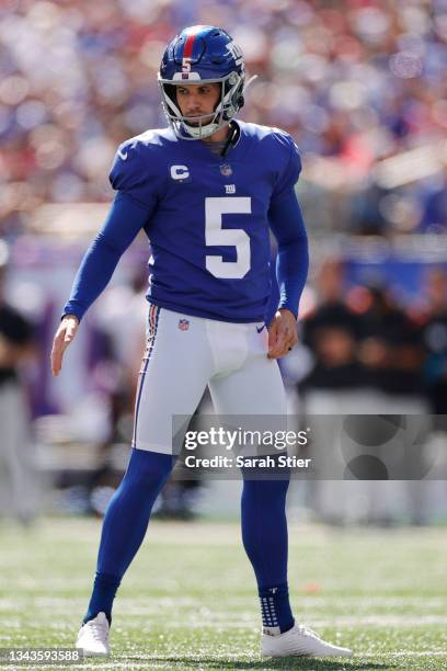 Graham Gano of the New York Giants looks on after kicking a field goal during the first half against the Atlanta Falcons at MetLife Stadium on...