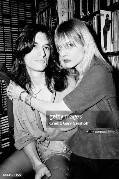 View of American married couple, Rock musician Joe Perry, of the group Aerosmith, and Elyssa Jerret, during an interview at WPIX-FM radio station,...