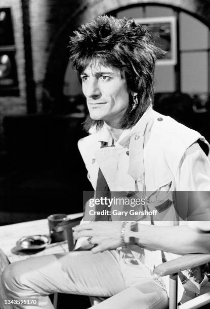 View of British Rock musician Ron Wood, of the group the Rolling Stones, during an interview at MTV Studios, New York, New York, November 4, 1982.