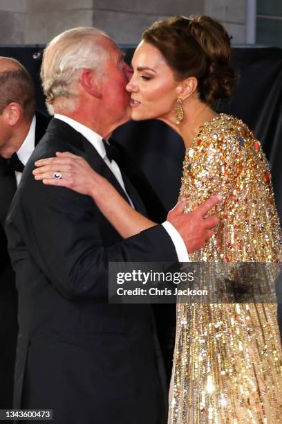 Prince Charles, Prince of Wales, and Catherine, Duchess of Cambridge attend the "No Time To Die" World Premiere at Royal Albert Hall on September 28,...