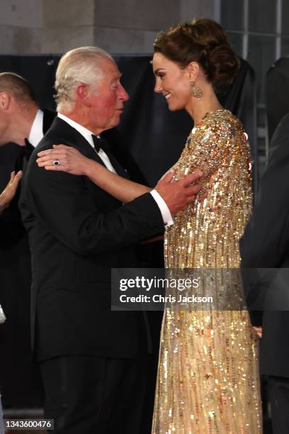 Prince Charles, Prince of Wales, and Catherine, Duchess of Cambridge attend the "No Time To Die" World Premiere at Royal Albert Hall on September 28,...