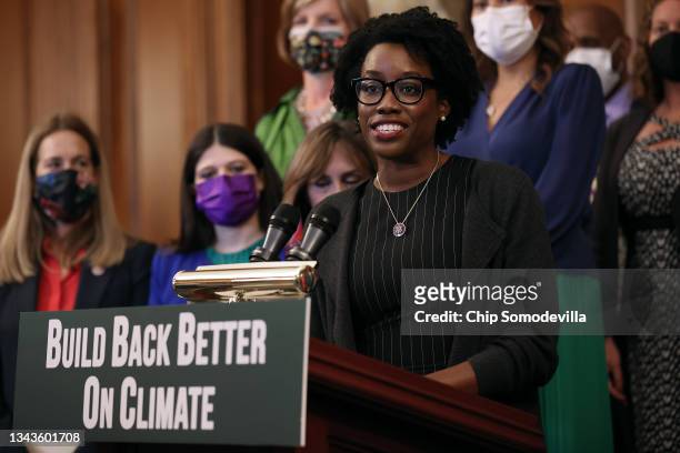House Select Committee on the Climate Crisis member Rep. Lauren Underwood speaks during an event with House Democrats and other climate activists to...