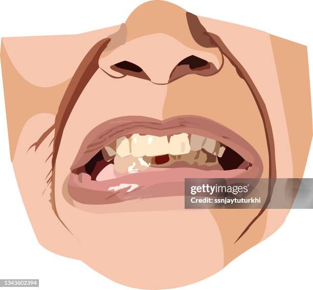 an old woman is showing her teeth , - happy patient stock illustrations